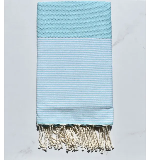Fouta nid d'abeille bleu eau clair avec rayures 