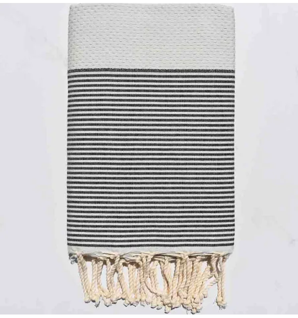 FOUTA NID D'ABEILLE gris perle clair rayée gris anthracite 