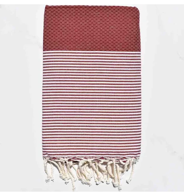 FOUTA NID D'ABEILLE rouge bourgogne rayée blanc 