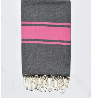 Fouta plate gris foncé avec bandes rose