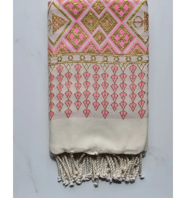 Fouta khlela rose clair au fil lurex doré 