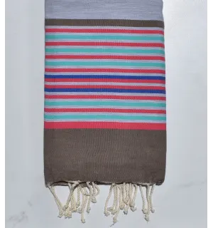 Fouta gris clair, bistre, rose, vert et bleu 