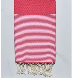 FOUTA NID D'ABEILLE Rose fraise rayée blanc Fouta Tunisia - 1 2