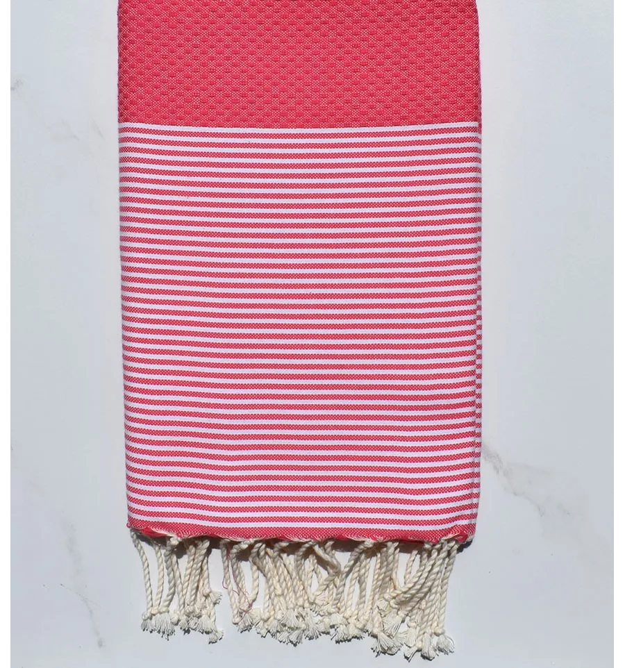 FOUTA NID D'ABEILLE Rose fraise rayée blanc