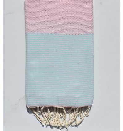 Fouta nid d'abeille rose clair rayée turquoise