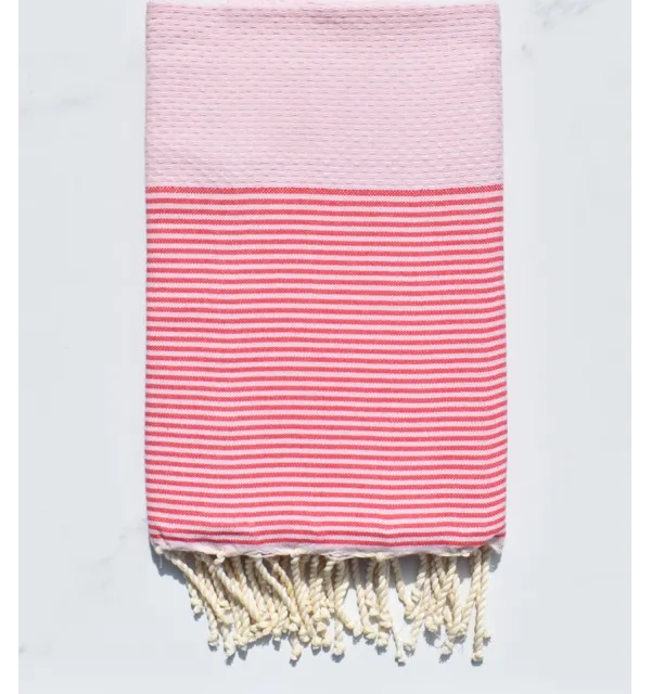 Fouta nid d'abeille rose clair avec rayures foncé 