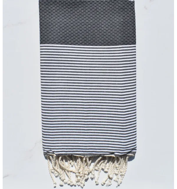 FOUTA NID D'ABEILLE gris fer rayée blanc 