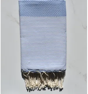 FOUTA NID D'ABEILLE Bleu fumée rayée blanc 