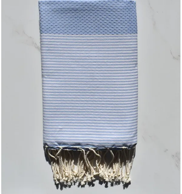 FOUTA NID D'ABEILLE Bleu fumée rayée blanc 