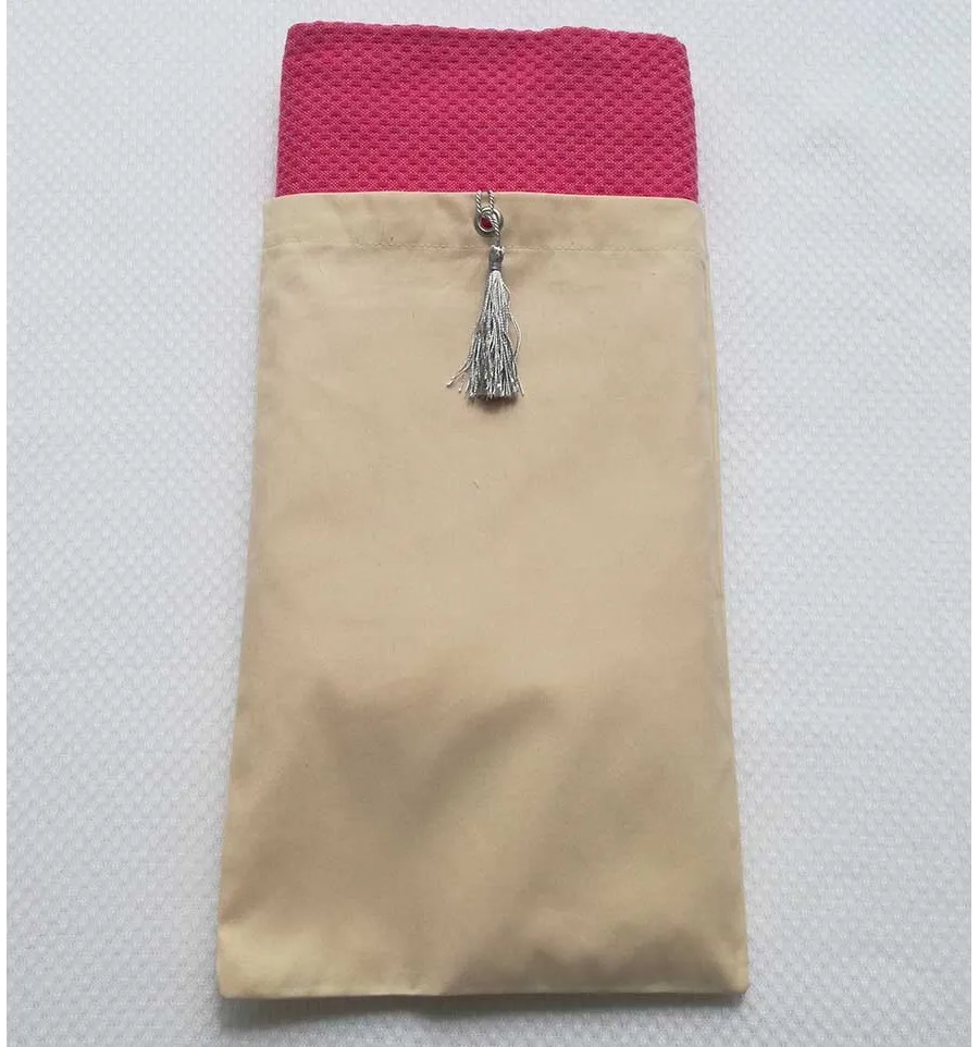 Pochette fouta beige clair nœud pompon gris bleu 