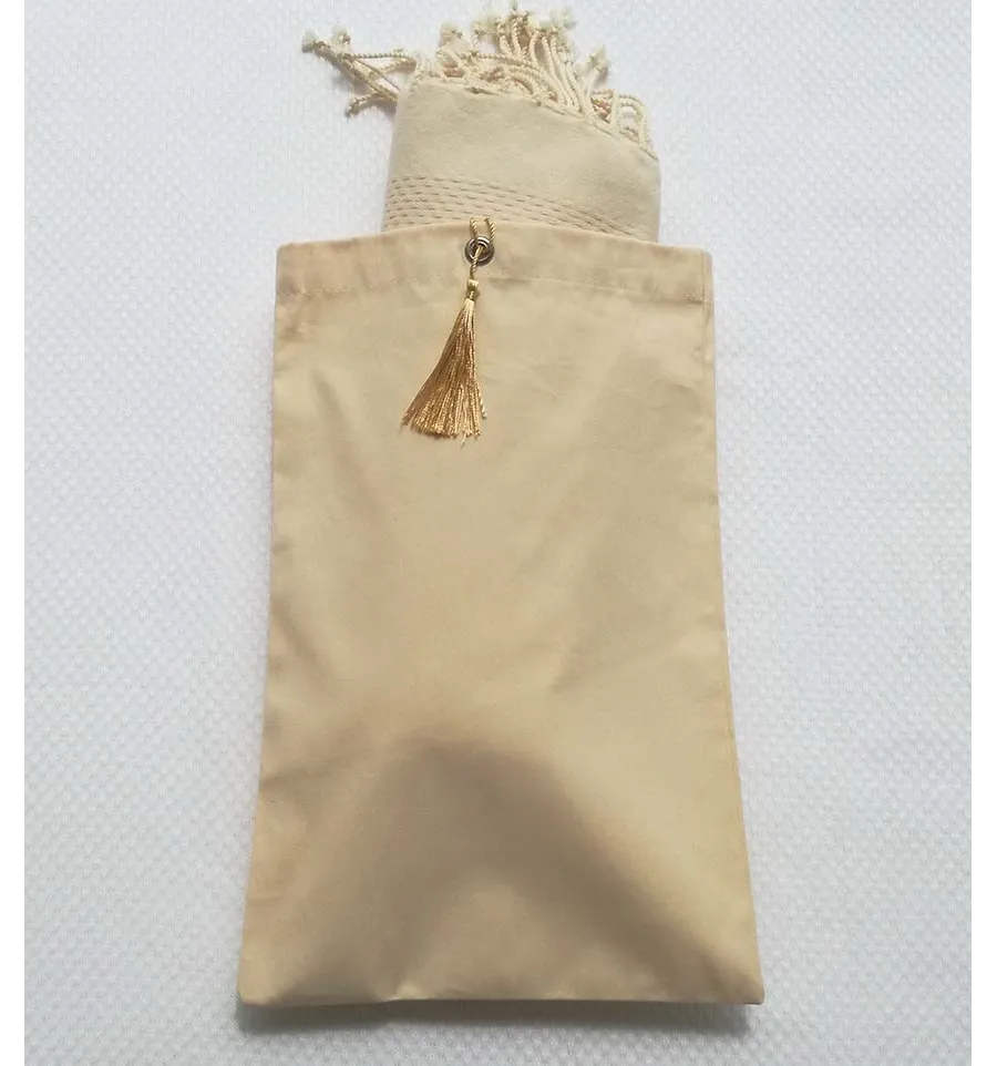 Pochette fouta beige clair nœud pompon blanc de platine 