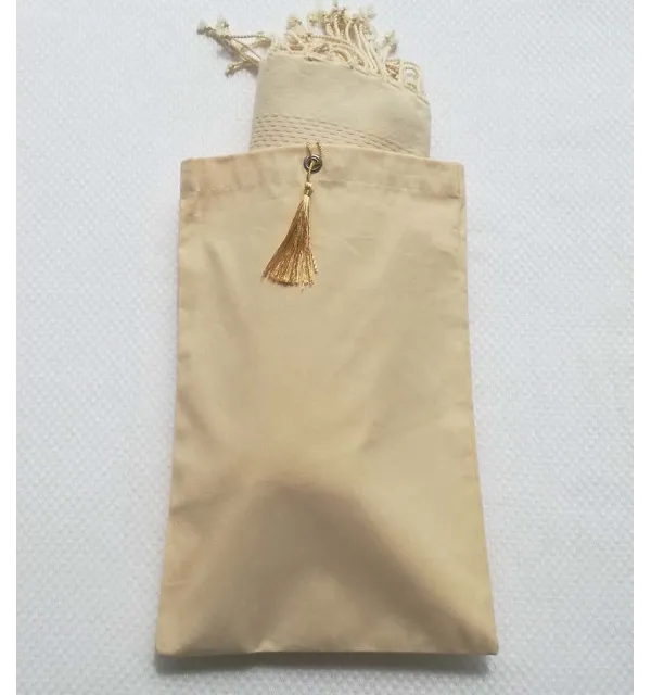 Pochette fouta beige clair nœud pompon blanc de platine 