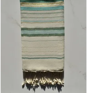 Fouta fadhila vert et blanc crème avec lurex 