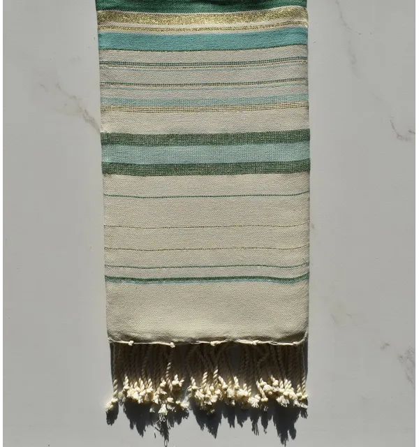 Fouta fadhila vert et blanc crème avec lurex 