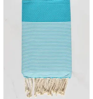 FOUTA NID D'ABEILLE bleu turquoise rayée blanc 
