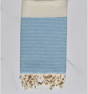 Fouta nid d'abeille crème rayée bleu 