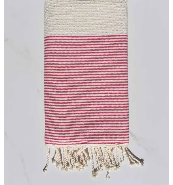 Fouta nid d'abeille beige clair rayée rose 