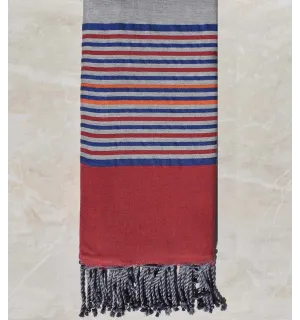 Jeté gris avec rayures framboise, bleu et orange 