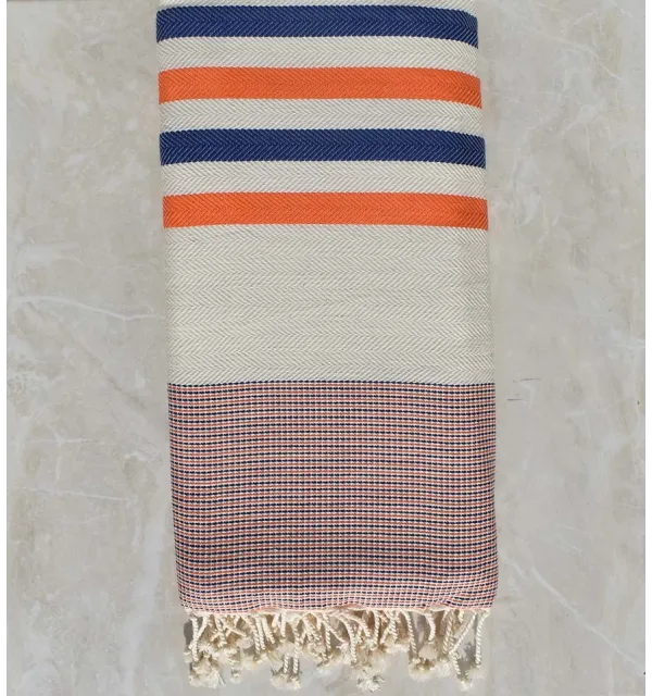 Jeté chevron blanc crème, orange et bleu 