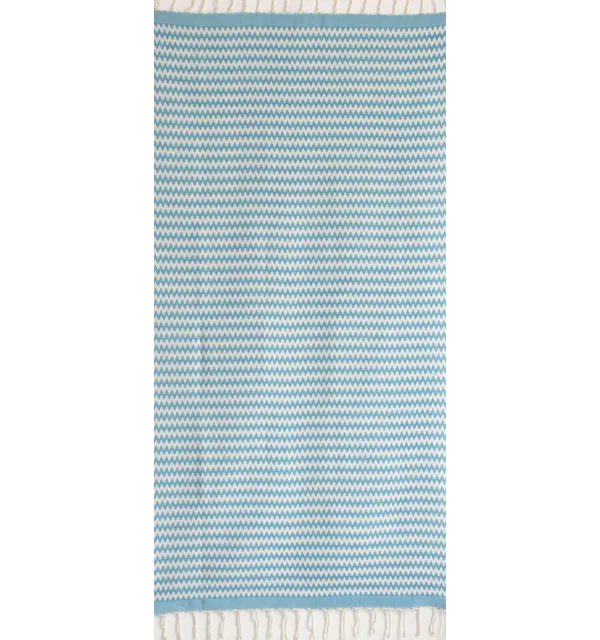 Fouta zigzag bleu azur et blanc crème 