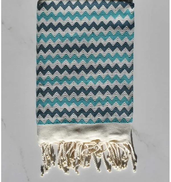 Fouta zigzag crème,bleu cobalt et Turquoise 