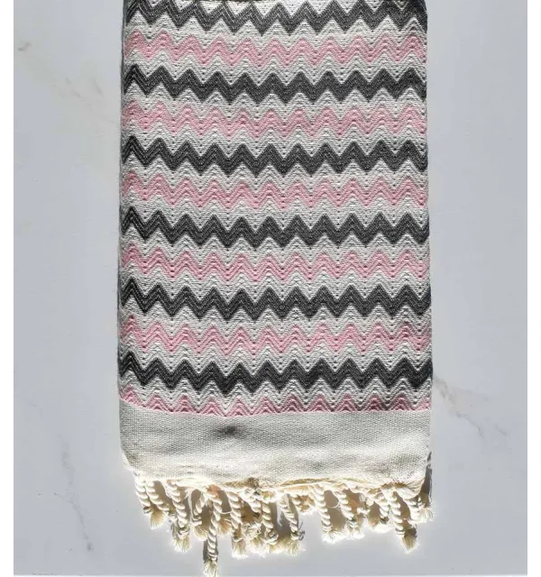 Fouta zigzag crème, Rose bébé clair et gris foncé 