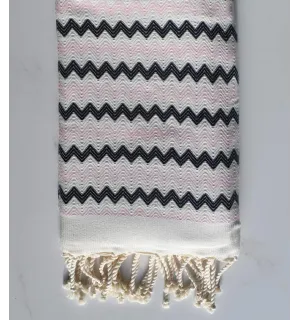 Fouta zigzag Blanc, Rose très clair et noir 