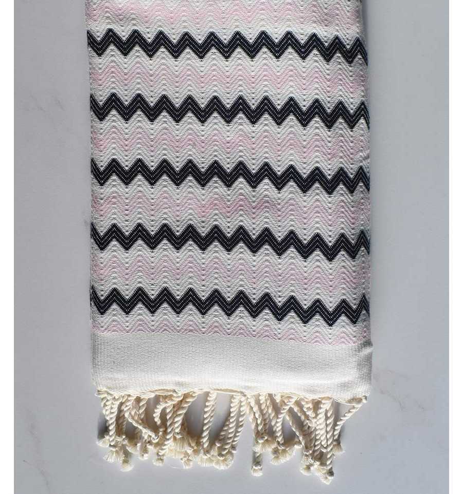 Fouta zigzag Blanc, Rose trés clair et noir