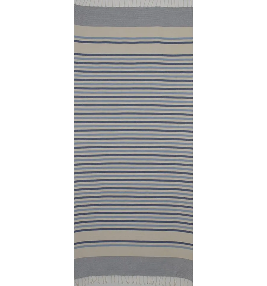 Fouta Chevron blanc crème, bleu ciel et bleu foncé 