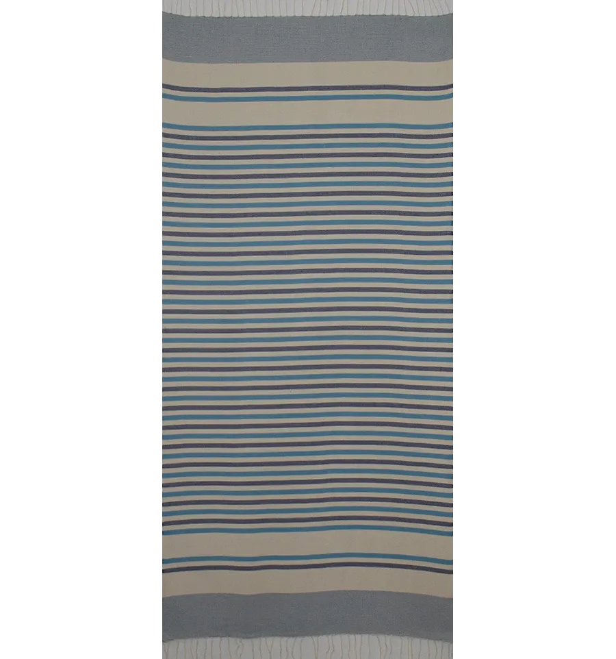 Fouta Chevron blanc crème, bleu azur et bleu foncé 