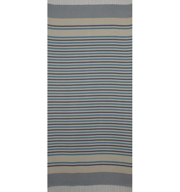 Fouta Chevron blanc crème, bleu azur et bleu foncé 