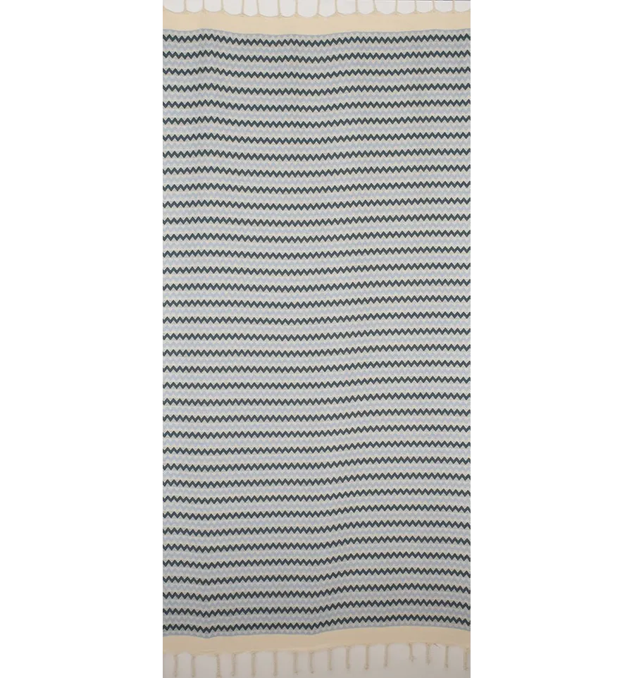 Fouta zigzag blanc, bleu cobalt et bleu maya 