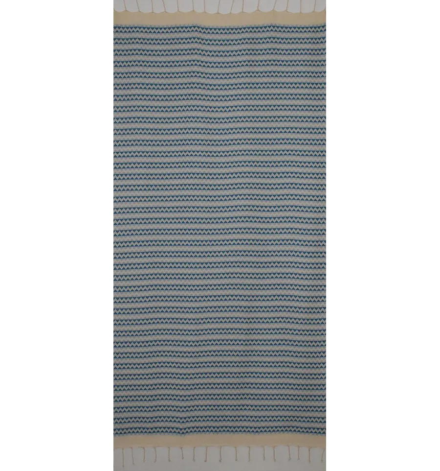 Fouta zigzag écru, bleu azur bleu maya 