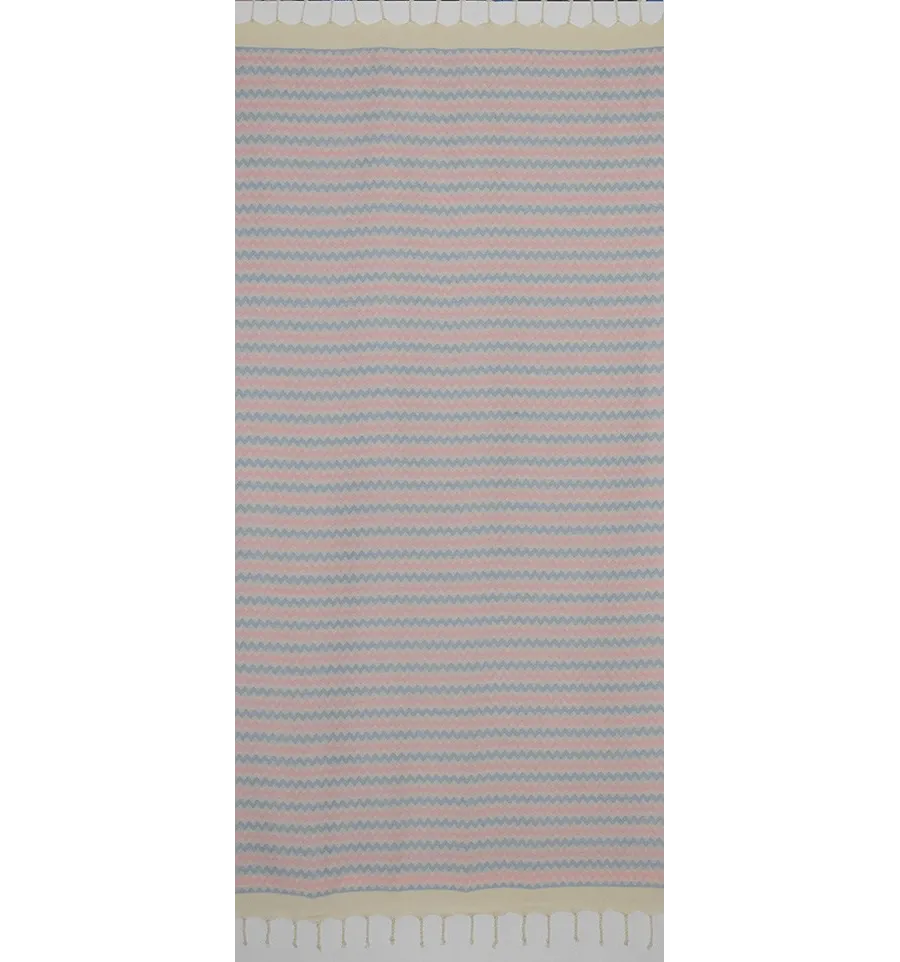 Fouta zigzag écru, Rose clair et bleu ciel 