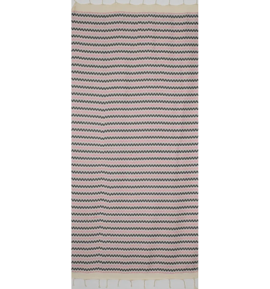 Fouta zigzag crème, Rose bébé clair et gris foncé 