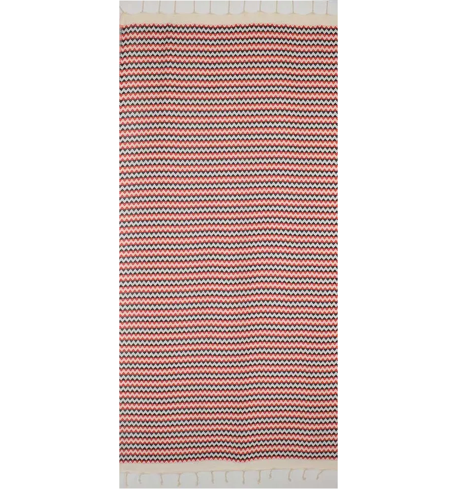 Fouta zigzag Blanc, rouge vif et noir 