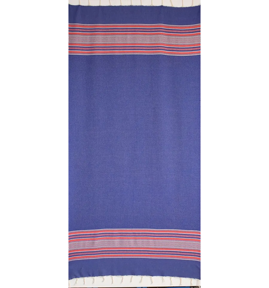 Fouta arabesque bleu jean et rouge 