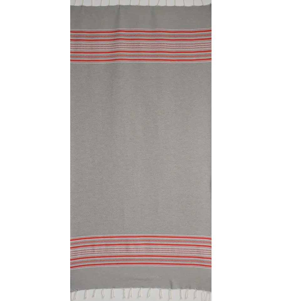 Fouta arabesque gris clair avec rayures rouge 