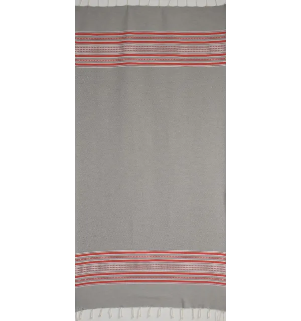 Fouta arabesque gris clair avec rayures rouge 