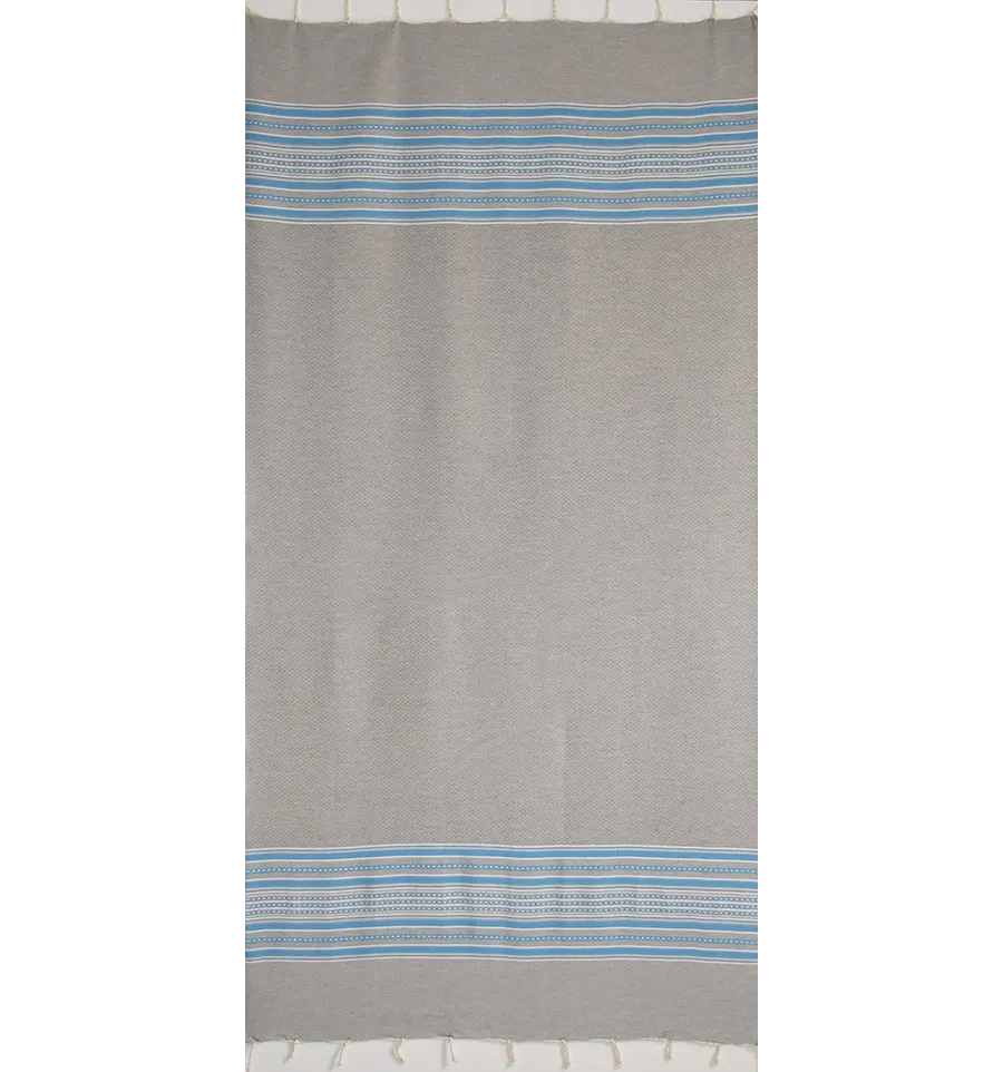 Fouta arabesque gris clair avec rayures bleu 