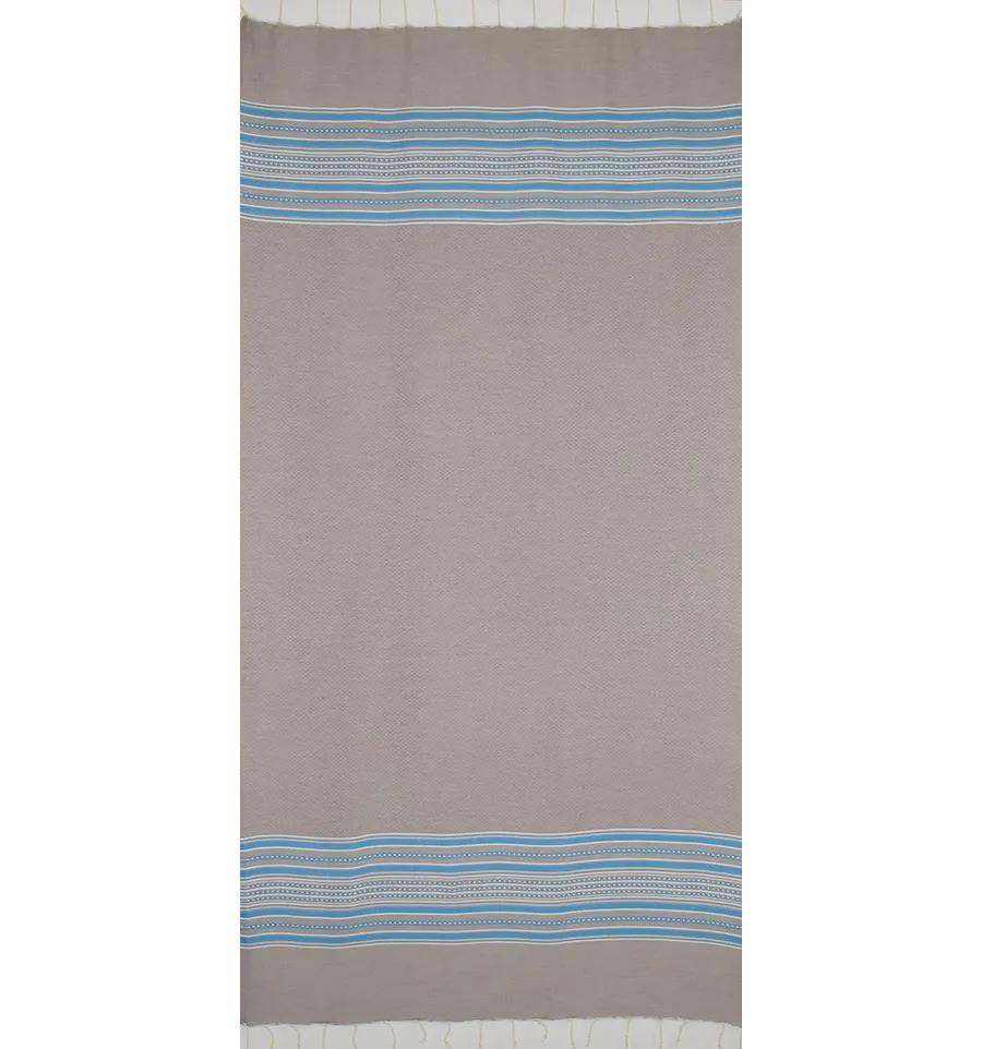 Fouta arabesque taupe clair avec rayures bleu 