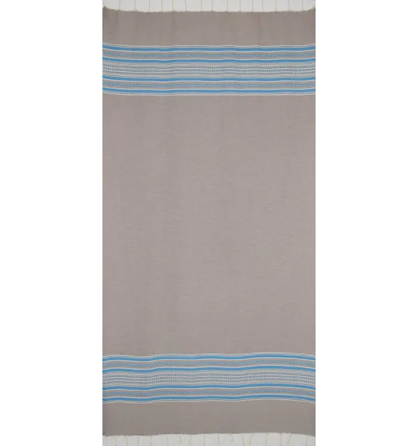 Fouta arabesque taupe clair avec rayures bleu 