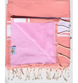 fouta doublée éponge saumon et rose claire 