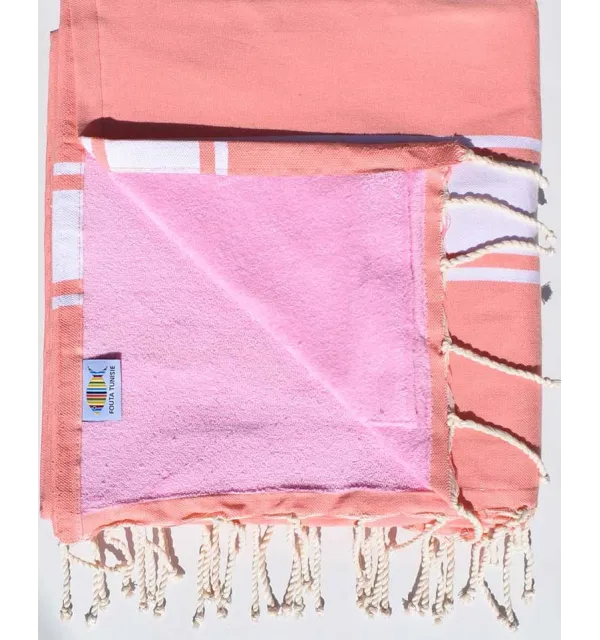 fouta doublée éponge saumon et rose claire 