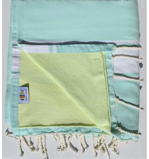fouta doublée éponge vert opaline et jaune lime 