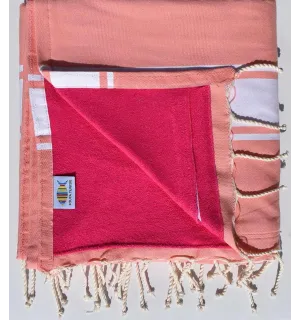 fouta doublée éponge saumon et rose fushia