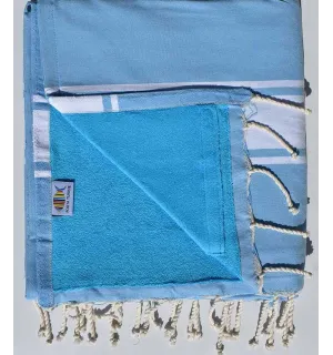 fouta doublée éponge bleu ciel et  bleu céleste