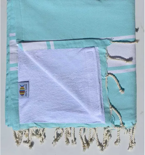 fouta doublée éponge bleu aigue marine et blanc 