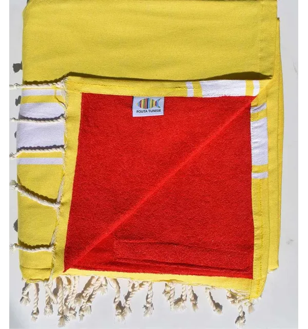 fouta doublée éponge jaune cobalt et rouge 