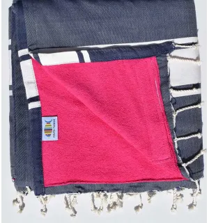 fouta doublée éponge bleu jean et rose fushia